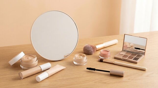 Set of makeup brushes and beauty products with a round mirror on a wooden table in a sunny home room. beginner makeup guide
