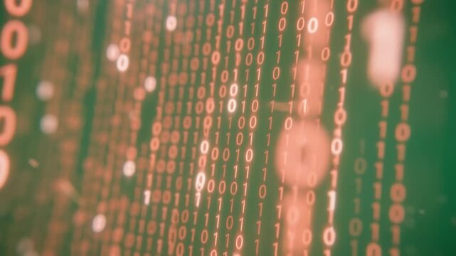 Red binary code streams cascading slowly across a flat chroma green backdrop with extreme shallow depth of field and soft optical blurring.