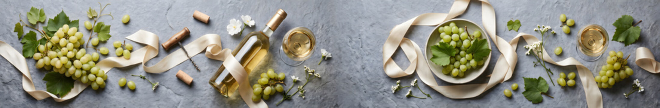 White wine bottle with green grapes glasses and cream ribbon laid out on dark slate counter