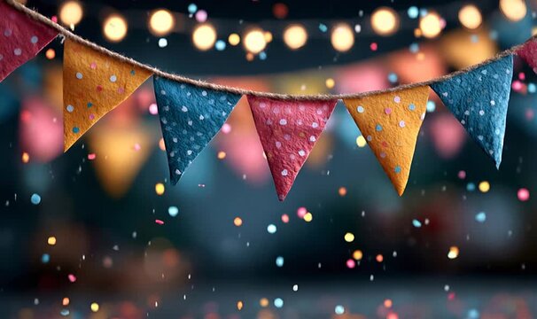 Party bunting banner with vibrant pennants and sparkling confetti-like bokeh creating a joyful celebration background