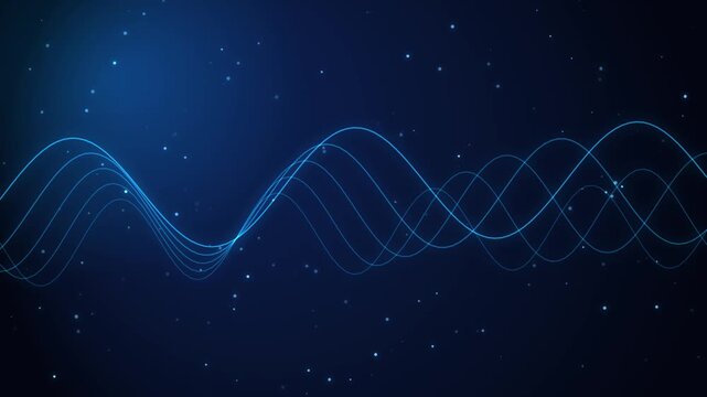 Glowing Blue Sinusoidal Sound Wave Animation with Floating Particle Dust on Dark Background Motion