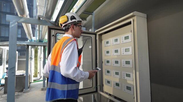 Worker checks control panel in industrial area during daylight hours