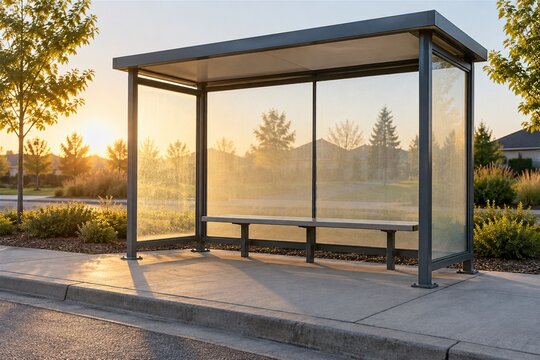 Empty Bus Shelter and Bench in Morning Light