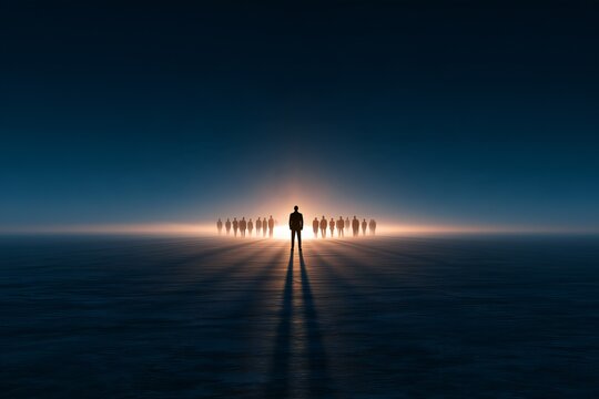 Business Leader Standing Before Team with Backlit Horizon - Highlighting executive direction, inspiring management, unity, and strategic clarity.