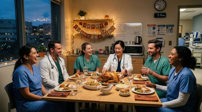 Nurses and doctors sharing a Thanksgiving meal together in the hospital break room