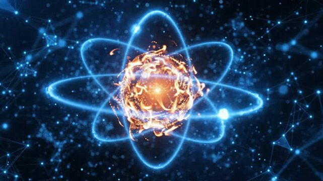 Glowing atom model with orbiting electrons and fiery nucleus in sci-fi digital space background, atomic structure