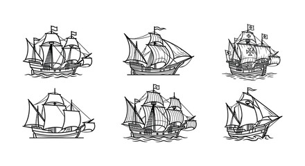 Collection of black line art galleons on a white background © MdNirob