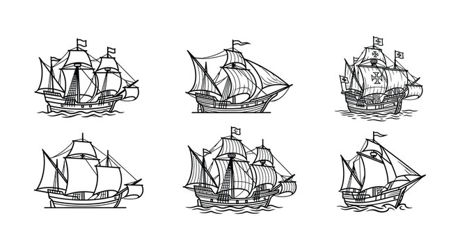 Collection of black line art galleons on a white background