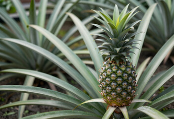 Obraz premium Sustainable agriculture and organic farming, pineapple growing in a tropical plantation field for healthy food production and exotic fruit supply chain