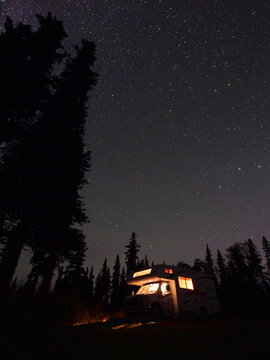 RV Under a Starry Sky at Johnson Lake Campground, Alaska