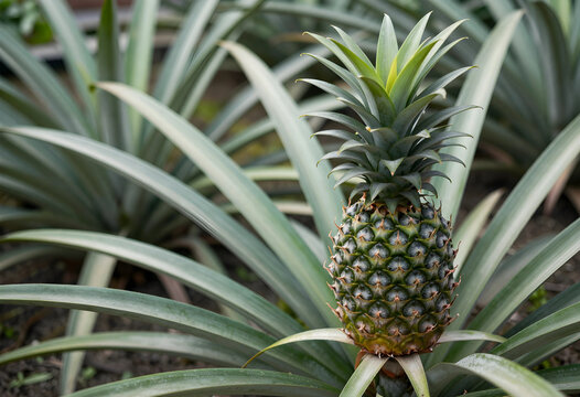 Sustainable agriculture and organic farming, pineapple growing in a tropical plantation field for healthy food production and exotic fruit supply chain