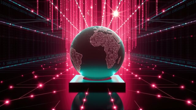 Globe rests upon pedestal. Digital streams radiate from it. Background features binary code, glowing network connections. Futuristic concept.