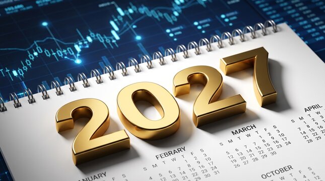 Gold 2027 numbers on a spiral bound desk calendar with financial stock market data background with investment