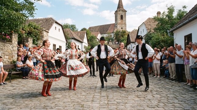 Traditional Folk Dancers Perform in a European Village Square with Spectators Watching