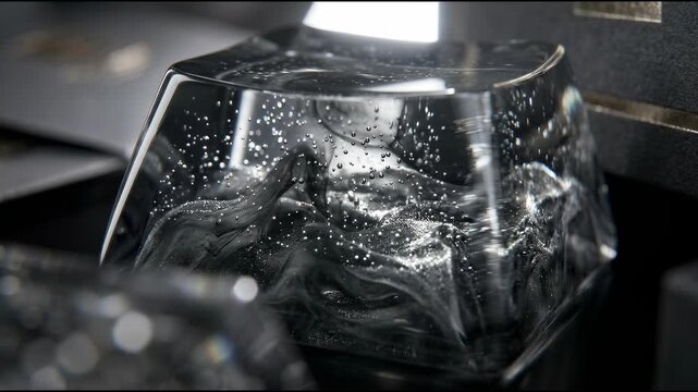 Smoked crystal resin, Premium packaging background featuring transparent gray resin with internal microbubbles, narrow white backlight, controlled ref