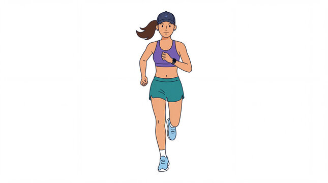Flat vector illustration of a young athletic woman with a ponytail jogging forward wearing a sports bra and baseball cap