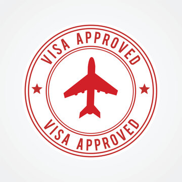 Clean circular red visa approved rubber stamp with airplane icon for travel documents