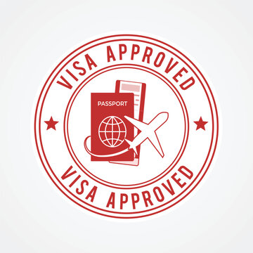 Visa approved stamp icon with passport and airplane ticket vector design for travel immigration