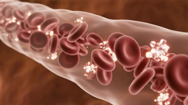 Red cells flowing through vessel microscopic animation: scientific medical 3D rendering capillary circulation