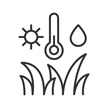 Lawn weather conditions with sun temperature and water icon in line design