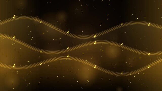 Golden Music Notes Floating on Elegant Wavy Stave Lines with Shimmering Bokeh Particles Background