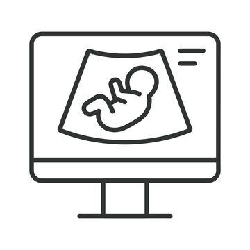 Ultrasound of fetus on monitor icon in line design. Pregnancy, baby, medical, health, prenatal, scan, diagnostic on white background vector. Ultrasound editable stroke icon.