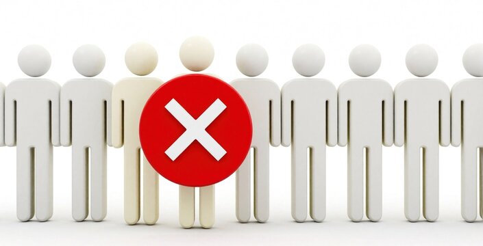 3D rendering of white human figures in row. One person stands out with large red cross symbol. Concept of social exclusion, rejection, wrong choice in group selection. One individual isolated from