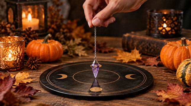 Mano balanceando p&eacute;ndulo cristalino durante ritual de Halloween