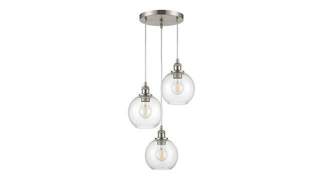 Modern 3-light pendant chandelier featuring clear glass globe shades and brushed nickel hardware, industrial style ceiling hanging light fixture isolated on white transparent background.
