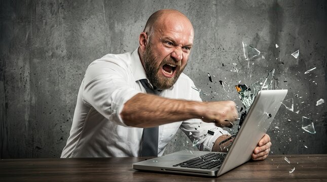 Angry Businessman Punching and Breaking Laptop Screen in Fit of Rage and Frustration at Work