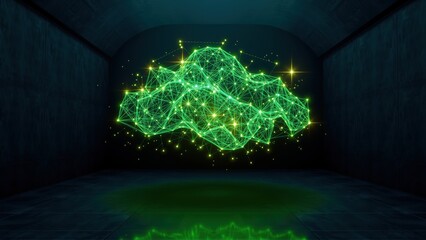 Fototapeta premium Dark room features glowing green cloud composed of connected lines, points. Floor displays similar light pattern. Tunnel walls frame scene.