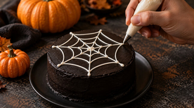 Mano trazando telara&ntilde;a dulce sobre pastel de Halloween