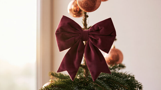 Burgundy velvet bow decorates festive Christmas tree, creating elegant holiday warmth indoors beside glowing ornaments and soft natural light