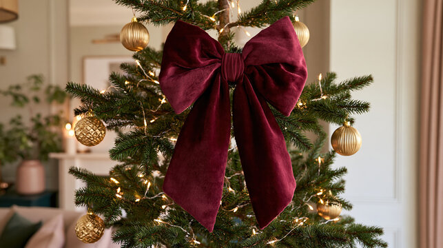 Christmas tree crowned with oversized burgundy velvet bow creates warm festive holiday decor with glowing lights and golden ornament