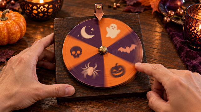 Manos girando ruleta misteriosa durante celebraci&oacute;n de Halloween