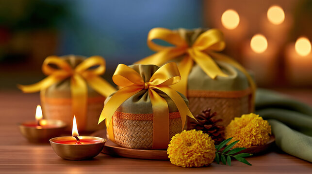 Diwali gift hamper woven box golden ribbon marigold flower candlelight create warm festive display with artisanal presents and peaceful holiday