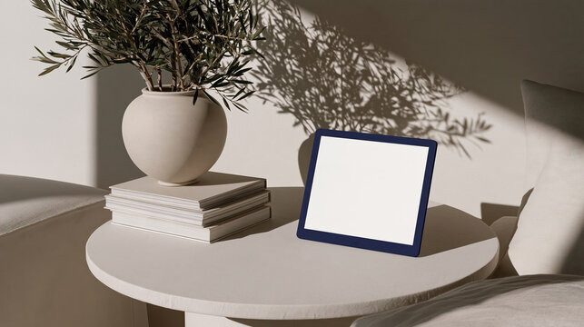 E reader device beside olive branch on bedside table creates calm reading scene with warm light and soft shadow