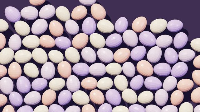 Soft pastel colored eggs arranged in a pattern on a dark background