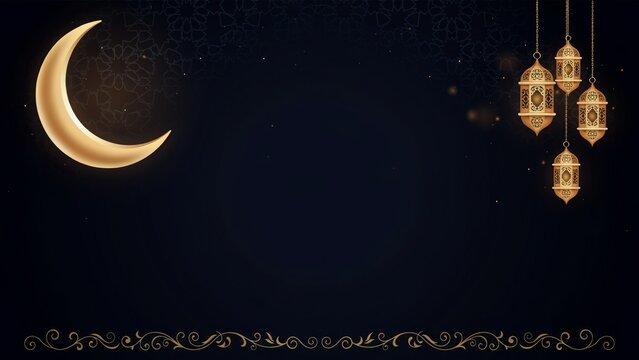 Glowing crescent moon with hanging lanterns on dark night sky background