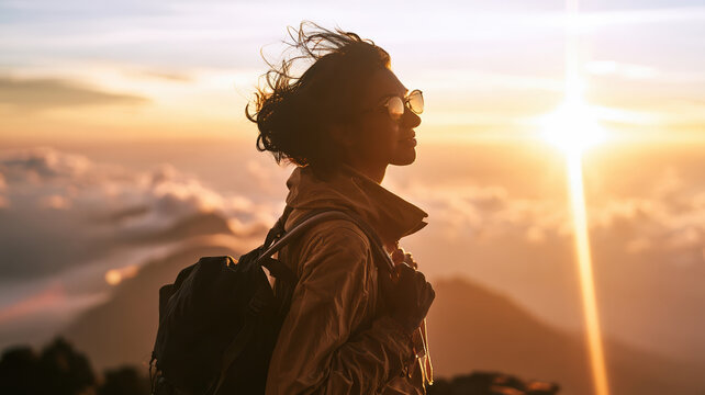 Female hiker with backpack stands on mountain summit during golden sunrise, feeling peaceful while admiring glowing horizon and cloudscape