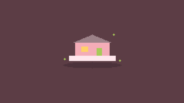 Minimalist pixel art pink house icon on dark background for game design graphic element
