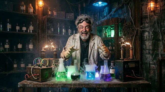Excited mad scientist experimenting in a dark vintage laboratory
