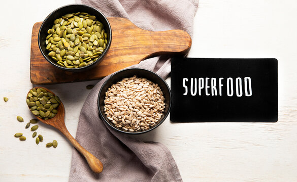 Healthy eating ingredients for salad topping and baking.