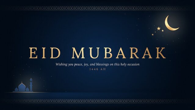Eid mubarak greeting card with crescent moon and stars background
