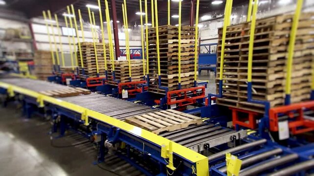 High-angle warehouse view of wooden pallets on roller conveyor line, guided by tall yellow safety posts and blue and red sorter frames directing loads into lanes