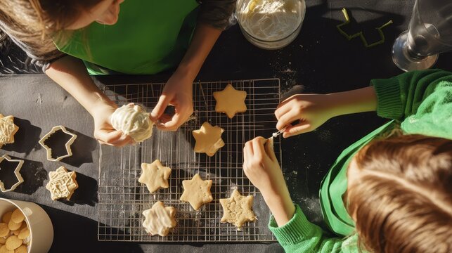 Two children decorating homemade star-shaped cookies on a sunny afternoon