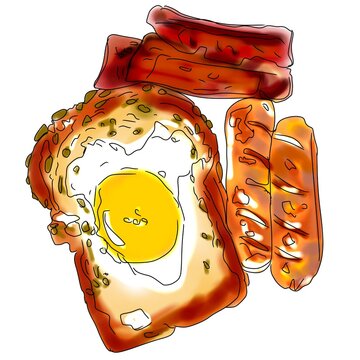 Hand drawn watercolor style delicious breakfast combo with toasted bread fried egg bacon and sausages isolated on white background