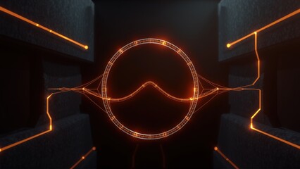 Fototapeta premium Dark room features glowing orange lines forming circular pattern. Minimalist design emphasizes symmetry, light, shadow interplay. Futuristic aesthetic.
