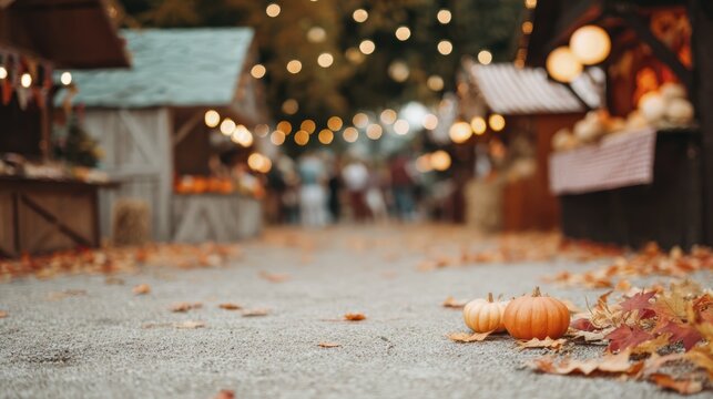 Autumn market stalls with pumpkins and warm lights in a cozy outdoor setting