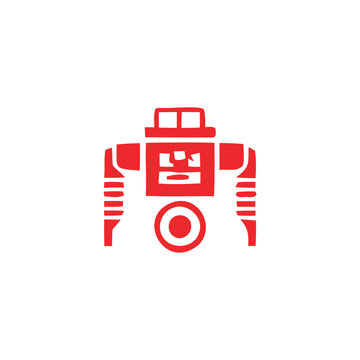 Minimalist red line art robot icon, flat geometric android character, flat vector style for technology logos and digital applications